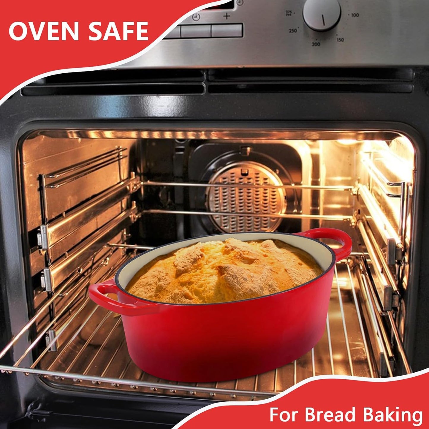 Oval Dutch Oven with Lid, Enameled Cast Dutch Oven Pot for Bread Baking, Braising, Stewing, Roasting, Non-Stick & Oven Safe, Dual Handles & Easy Clean, 5QT & Red