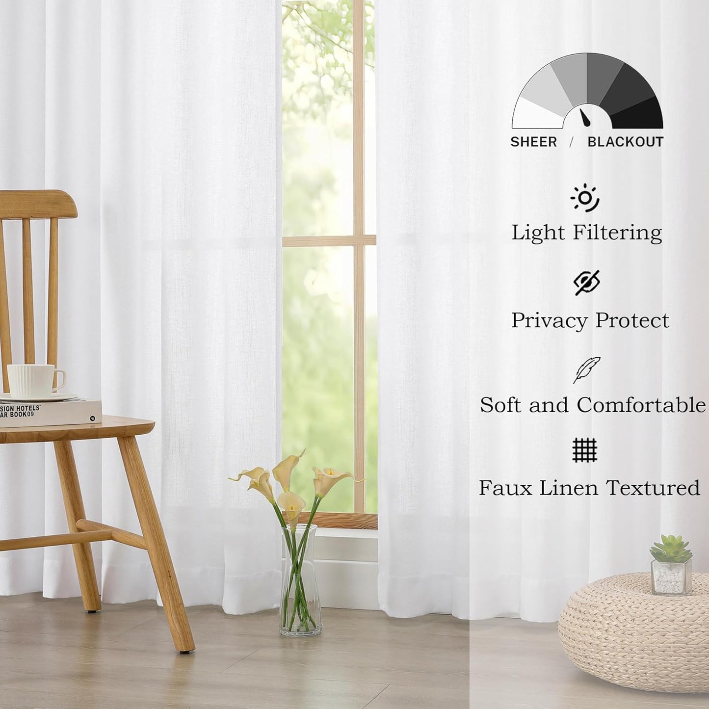 White Short Faux Linen Textured Cafe Kitchen Curtains 36 Inch Length 2 Panels, over Sink Semi Sheer Farmhouse Light Filtering Panels Rod Pocket Drapes for Bathroom Window, 40 X 36 Inch