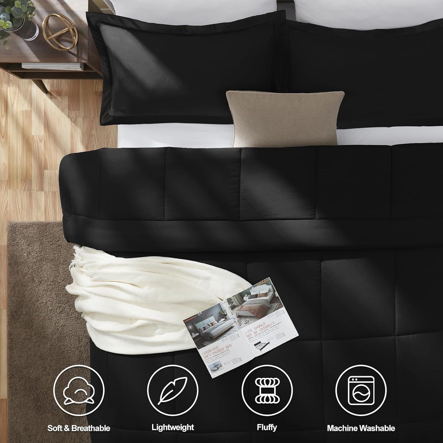Queen Size Comforter Sets - Black Comforter Queen Size, 3 Pieces Box Stitched Soft Lightweight Bed Set, All Season Bedding Sets with 1 down Alternative Comforter and 2 Pillow Shams