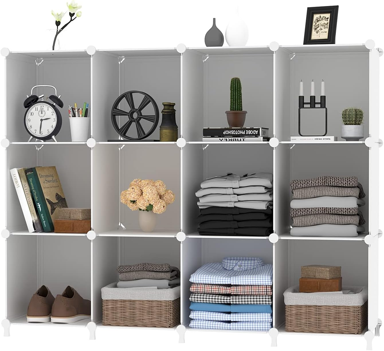 Cube Storage Organizer Storage 12 Cube Bookshelf DIY Plastic Closet Clothes Storage Shelves with Wooden Mallet, Stackable Storage Solution for Home, Bedroom, White