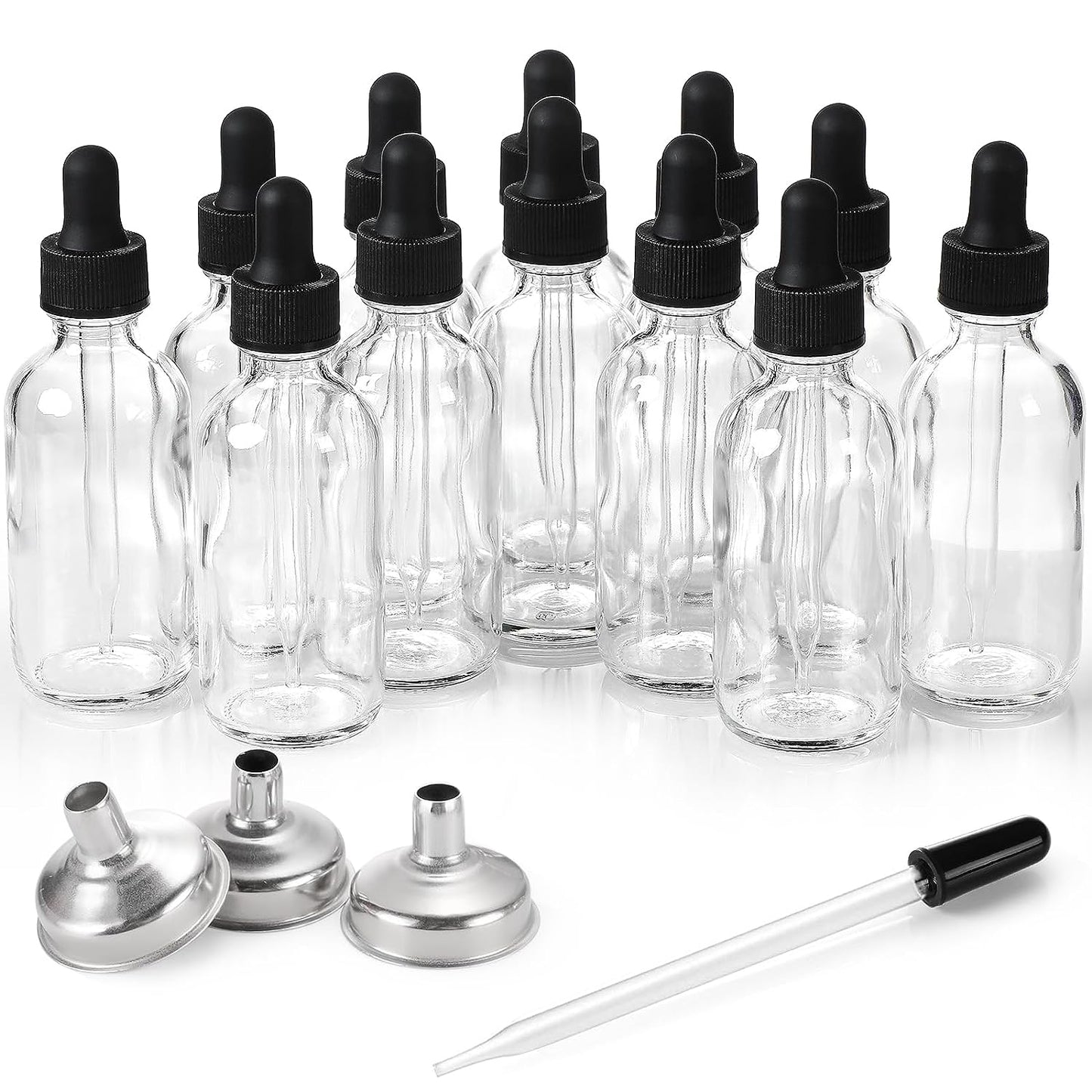 12 Pack, 2 Oz Glass Eye Dropper Bottles W/ 3 Stainless Steel Funnels & 1 Long Pipette Dropper & 24 Labels - 60Ml Clear Tincture Bottles for Essential Oils, Liquids - Leakproof Travel Essential Bottles