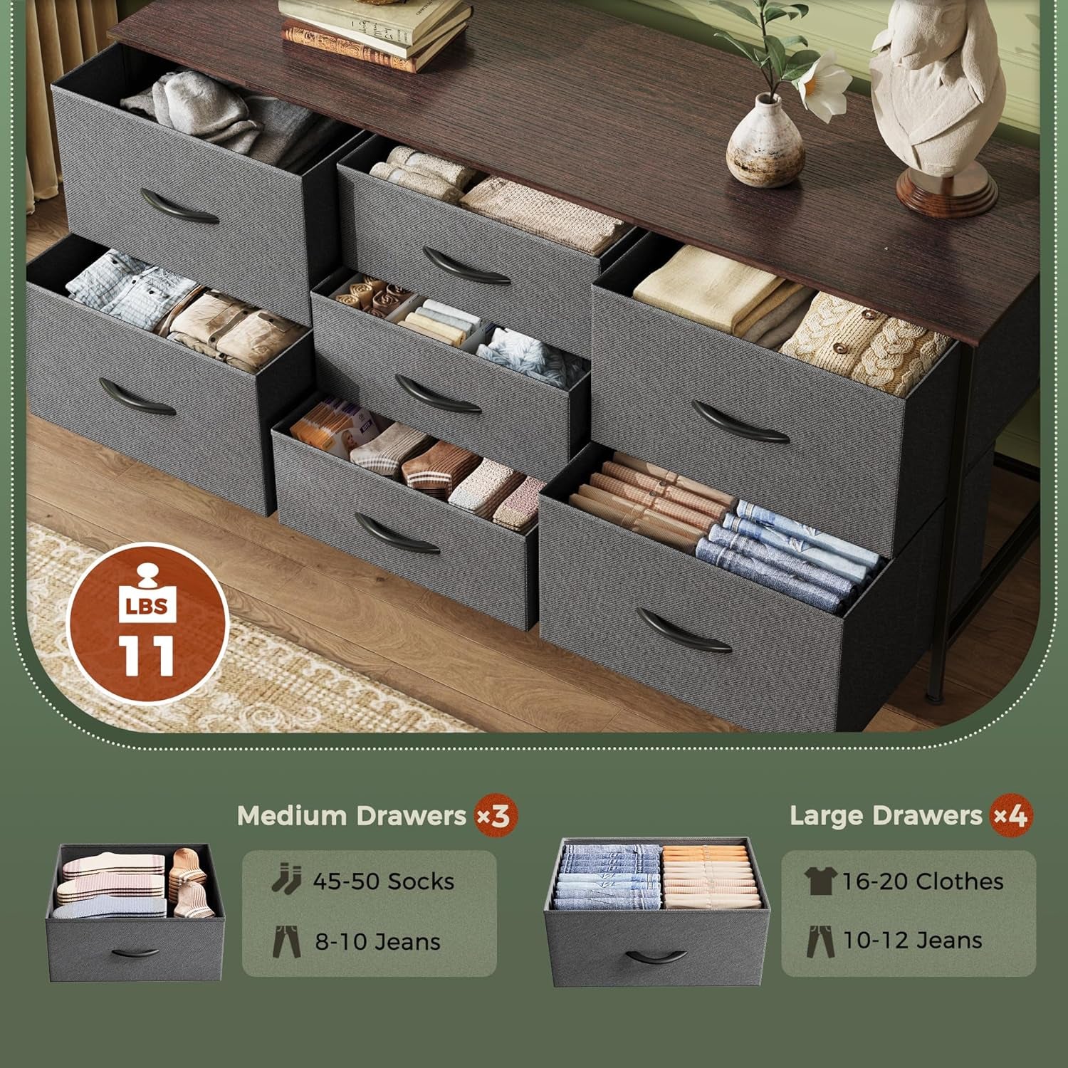 7-Drawer Fabric Dresser and TV Stand, 47-Inch Wide Chest for 43-55 Inch TVs, Metal Frame, Dark Grey, Ideal for Bedroom and Clothing Storage