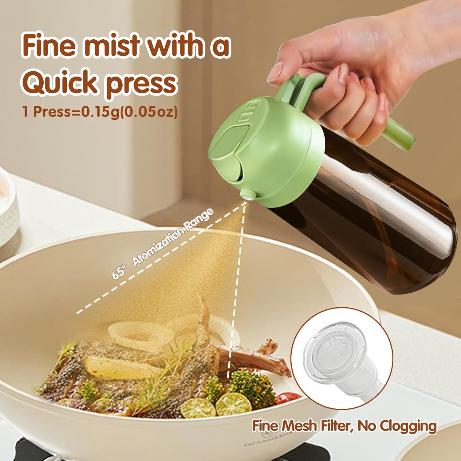 16Oz/470Ml Light Blocking Oil Sprayer for Cooking with Stickers, Food-Grade 2 in 1 Olive Oil Dispenser Bottle for Kitchen, Premium Dark Amber Glass Oil Bottle for Air Fryer, Bbq(Green)