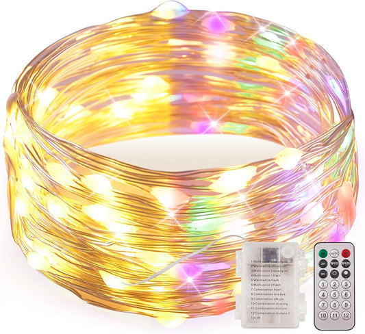 1 Pack Warm White & Multi-Color Battery Operated String Lights, 5M/16.4Ft. 50 Leds Remote Control Timer 12 Modes Optional Twinkle Battery Powered Fairy Lights Sliver Wire Firefly Lights