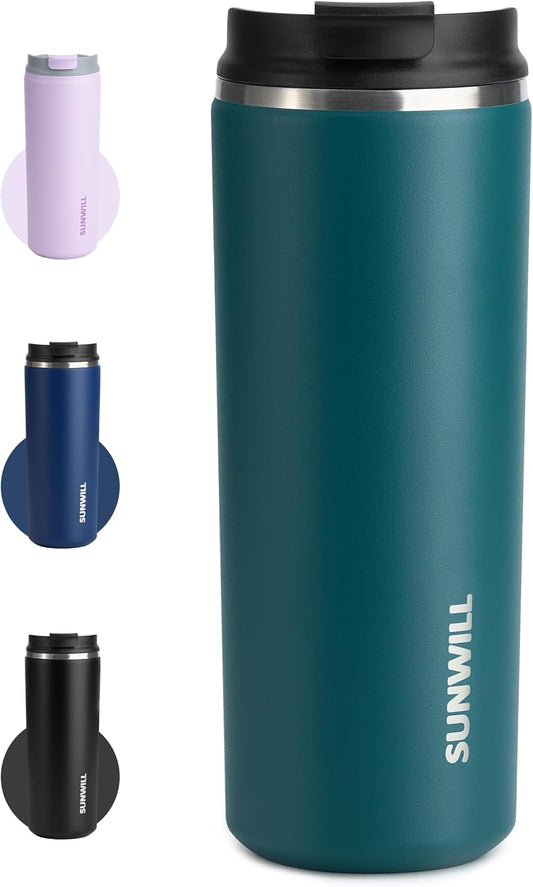 Travel Coffee Mug with Lid, Leak Proof Tumbler Stainless Steel, 16 Oz Insulated Cup for Water, Tea, Ice, Powder Coated Peacock Blue