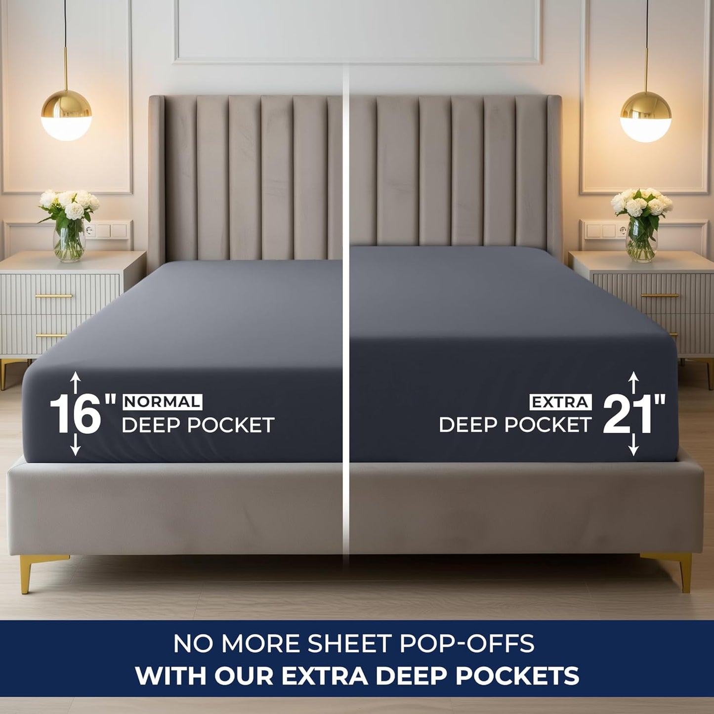 Queen Fitted Sheet Deep Pocket - Extra Deep Pocket Fitted Sheet - Fits up to 21 Inch Mattress - Shrinkage and Fade Resistant - Easy Care - 1 Fitted Sheet Deep Pocket Only (Grey)