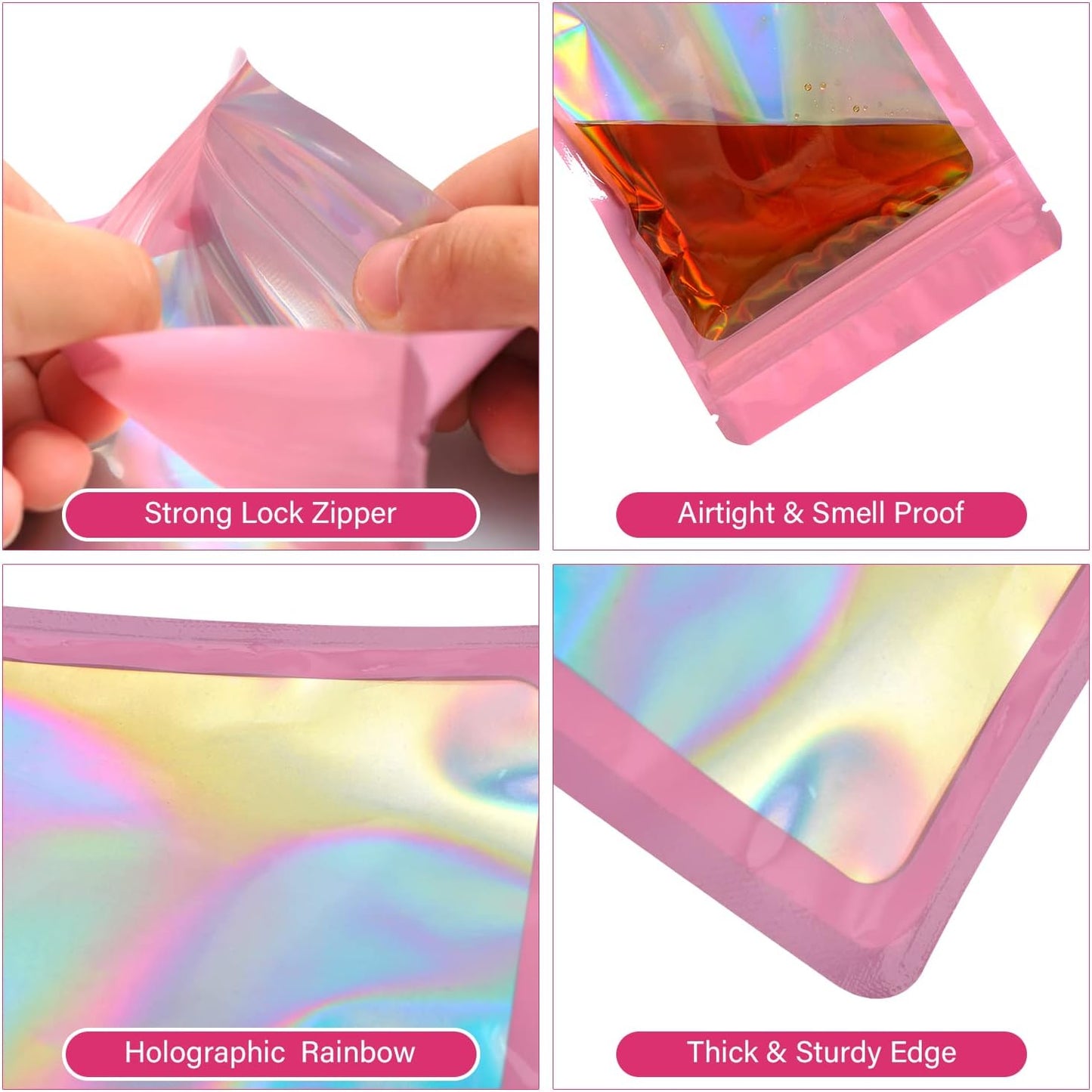 100-Pack 2×2 Inch Mylar Bags with Clear Window Holographic Resealable Sealable Packaging Zip Bag for Small Bussiness Jewelry Candy Sample Food Packing Supplies (Pink)