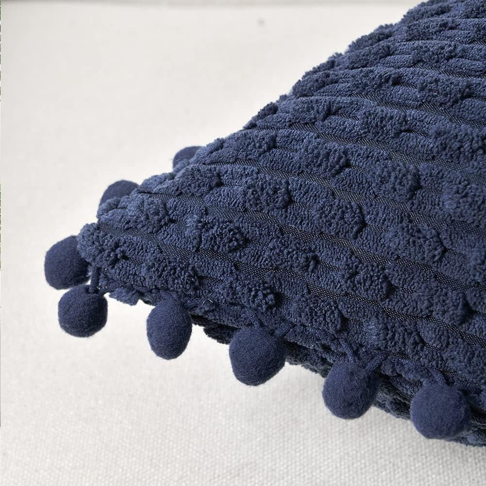 Set of 2 Navy Blue Decorative Throw Pillow Covers 18X18 Inch with Pom-Poms for Couch Bedroom Living Room, Modern Farmhouse Boho Home Decor, Soft Plush Corduroy Cute Cushion Case 45X45 Cm