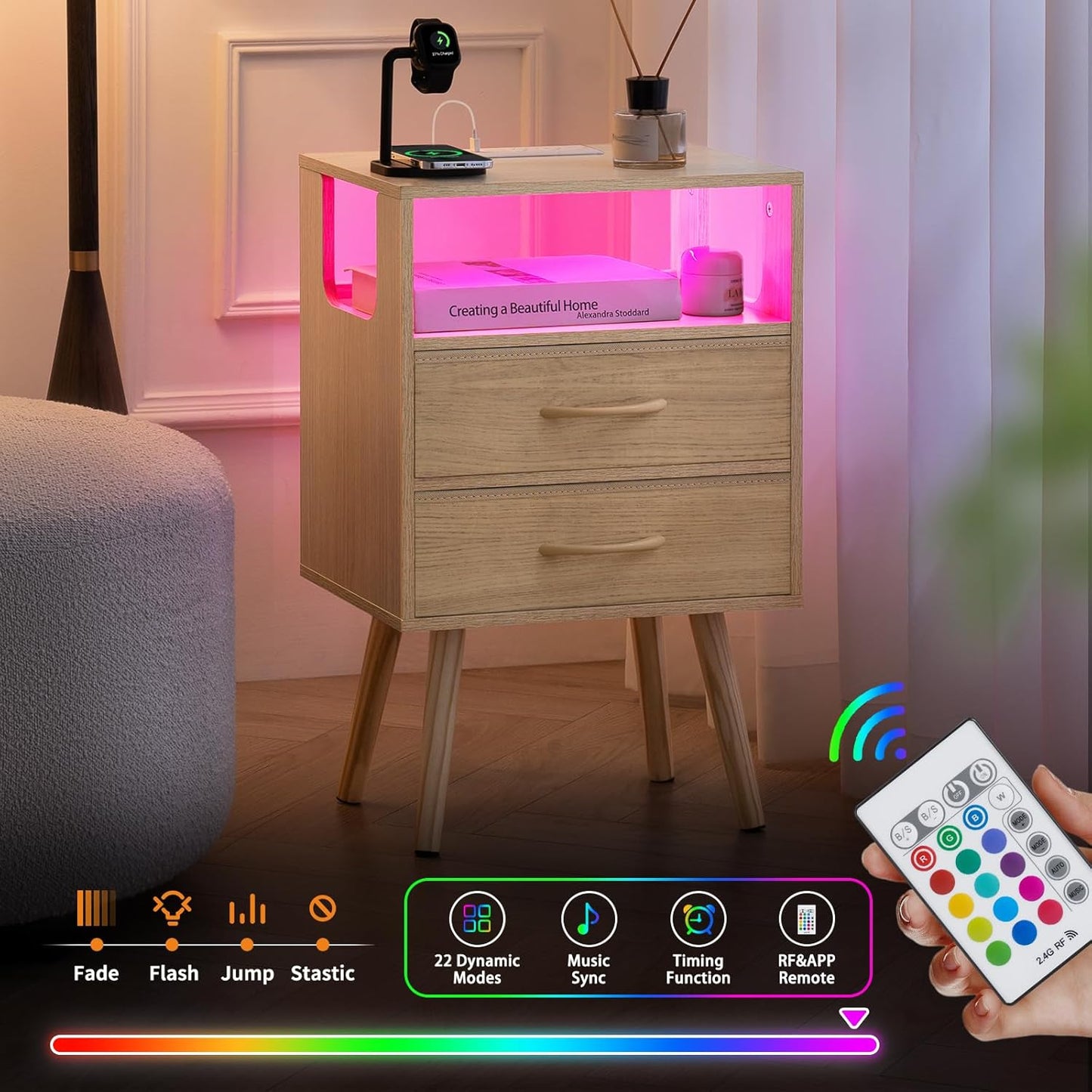 LED Night Stand with Charger Station, Mid Century Modern Nightstand with Fabric Drawers, Bedside Table Nightstands with Storage Shelf, Bed Side Table Small Night Stands for Bedroom Living Room