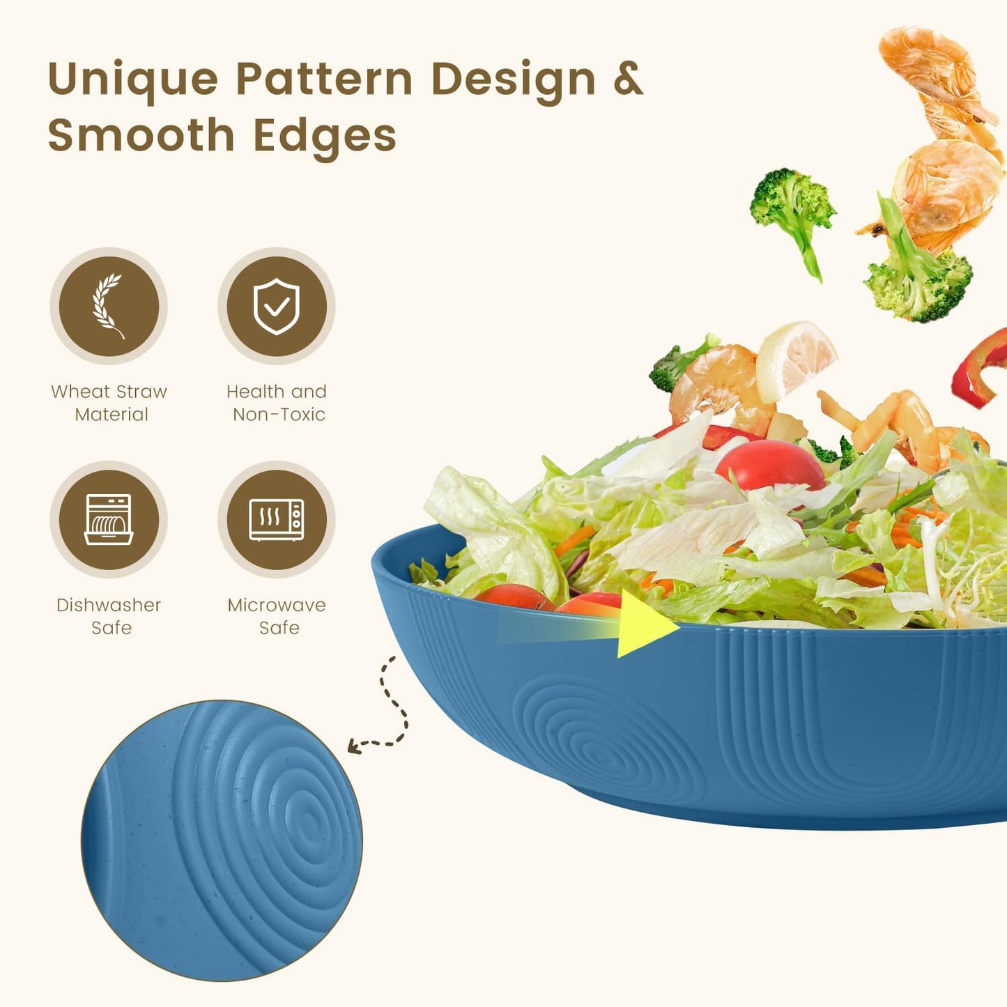 Wheat Straw Serving Bowls Set of 2 - 60 OZ Large Capacity, Microwave and Dishwasher Safe, Ideal for Kitchen, Camping, and Picnics (Blue)
