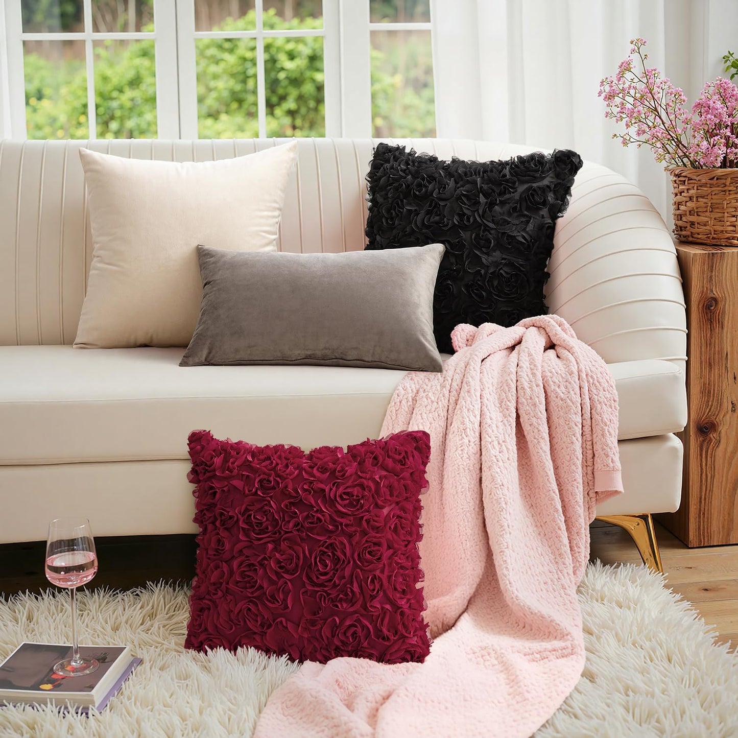 3D Decorative Christmas Romantic Valentines Stereo Chiffon Rose Flower Throw Pillow Cover Solid Festival Pillowcase for Girl Women Wedding Sofa Bedroom Car Decor 12X20 Inch Wine Red