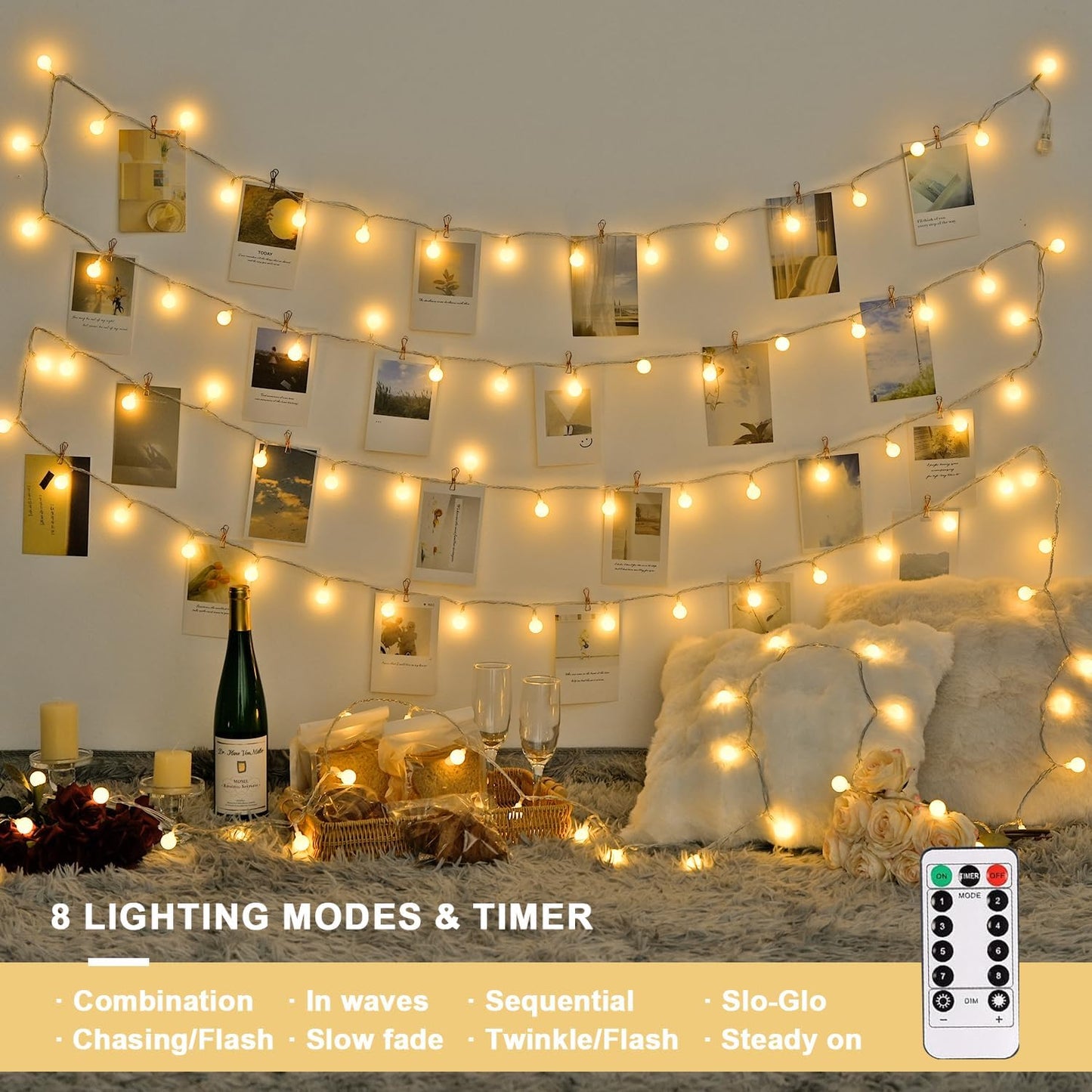 Globe Indoor String Lights Battery Operated, 100 LED Battery Powered String Lights Outdoor Waterproof, 33Ft Classroom Lights with Remote Timer for Bedroom Camping Decor, Warm White