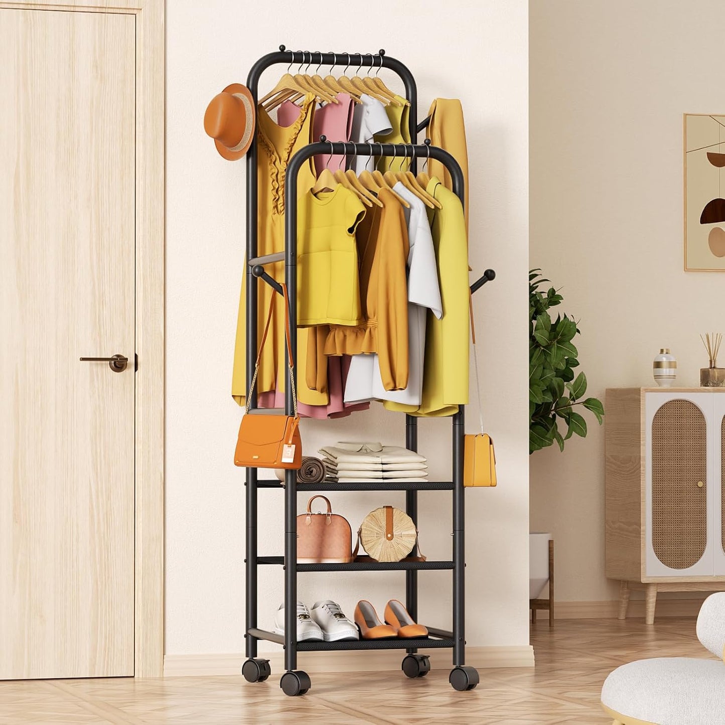 Rolling Clothing Racks for Hanging Clothes, Double Rods Clothes Rack with Wheels, Sturdy Coat Racks,Portable Metal Garment Rack for Bedroom Laundry Living Room, Black