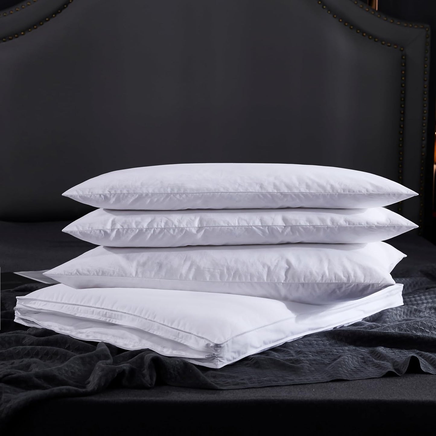 Adjustable Goose Feather Pillow with Organic Cotton Cover - Ideal for Side, Back, and Stomach Sleepers - Queen Size - Includes One Pillow