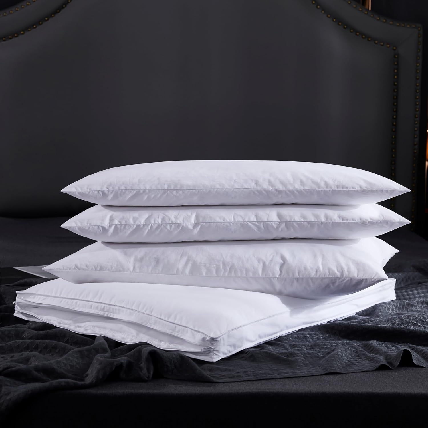 Adjustable Goose Feather Pillow with Organic Cotton Cover - Ideal for Side, Back, and Stomach Sleepers - Queen Size - Includes One Pillow