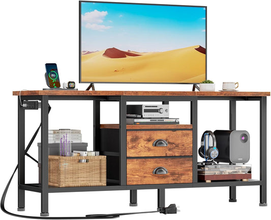 TV Stand with Power Outlets and 2 Fabric Drawers, 42 Inch Small Entertainment Center with Open Storage Shelves, Simple TV Console Table for Bedroom, Living Room, Rustic Brown