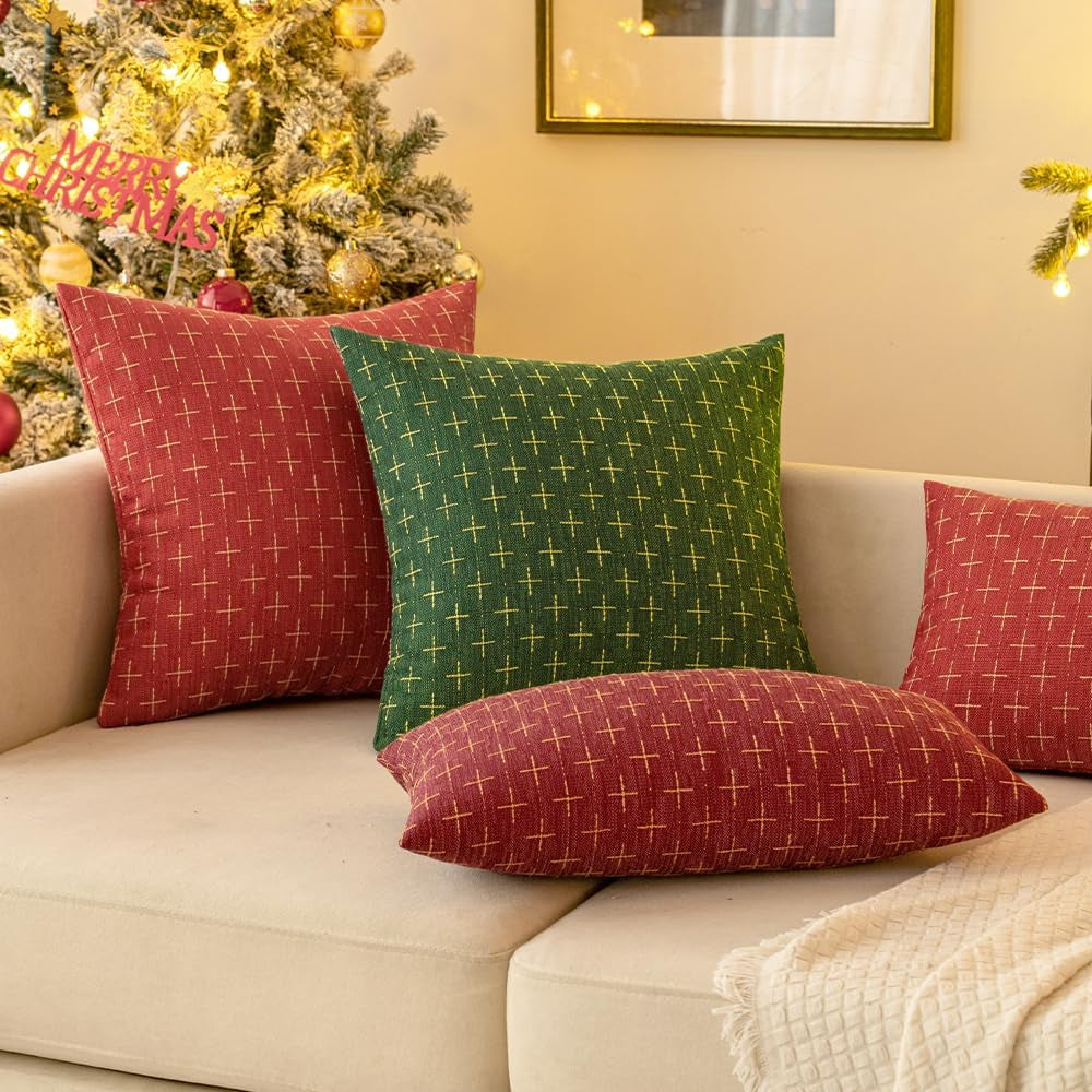 Pack of 2 Christmas Decorative Burlap Linen Throw Pillow Covers Modern Farmhouse Pillowcase Rustic Woven Textured Cushion Cover for Sofa Couch Bed 18X18 Inch Christmas Green