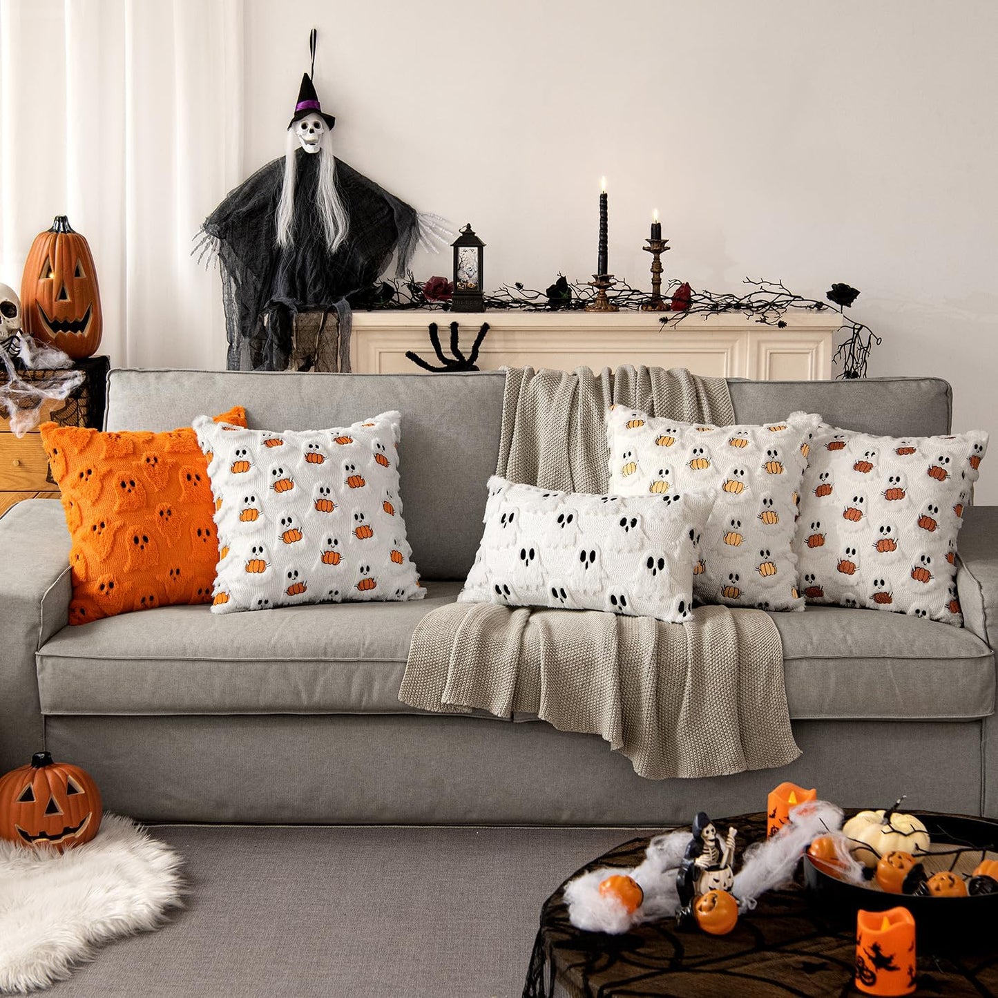 Halloween Pillow Covers Decorative Fall Cute Ghost Plush Faux Fur Pillows 18X18 Inch Set of 2 Soft Pumpkin Accents for Sofa Couch Bed Living Room Festive Home Decor, White Bright Orange