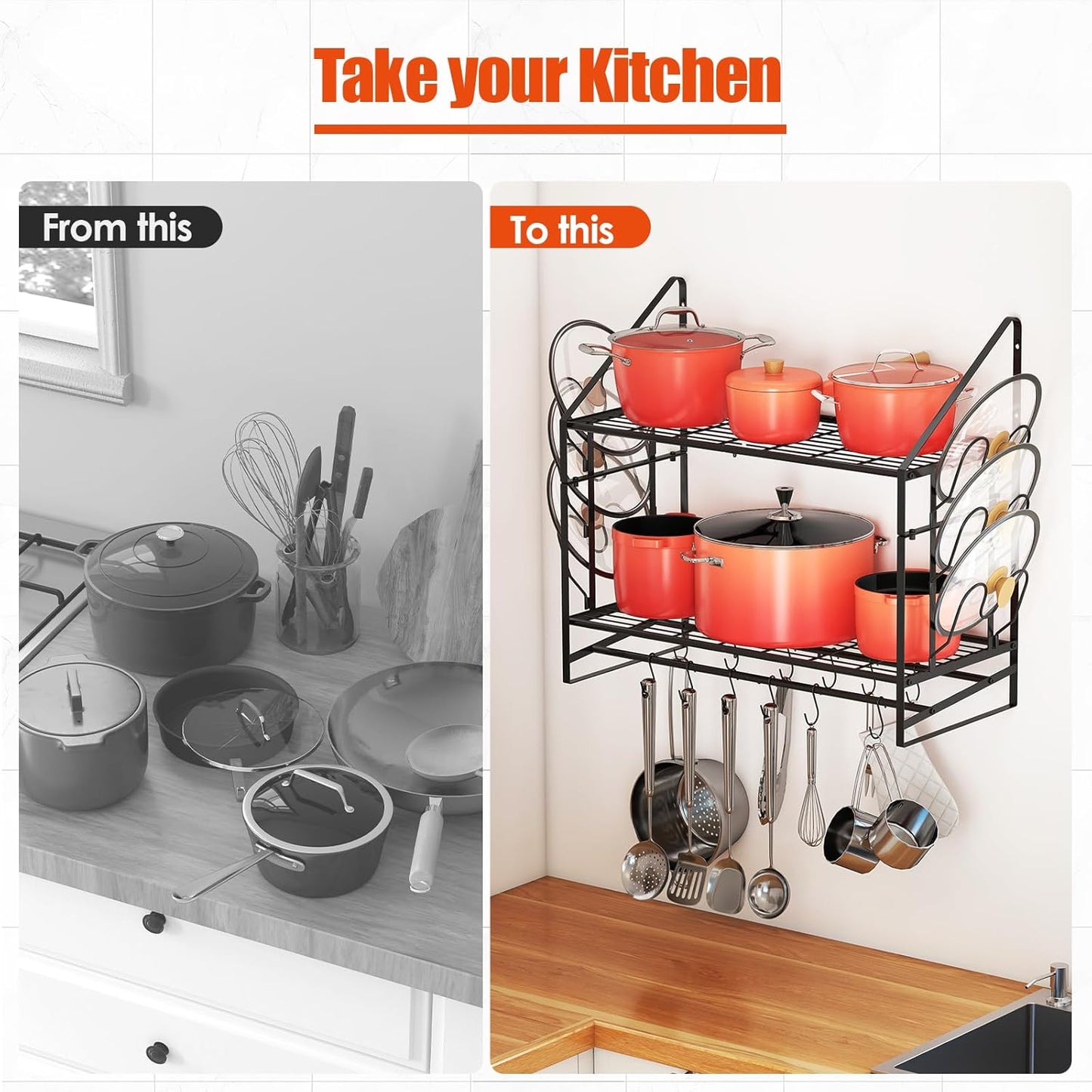 Pot Rack Wall Mounted - Double Layer Hanging Pot and Pan Rack for Kitchen with 12 Hooks as Pot and Pan Organizer, Includes 6 Lid Holders for Pot Hanger Storage, Length 33.46", Spacing 13.39"
