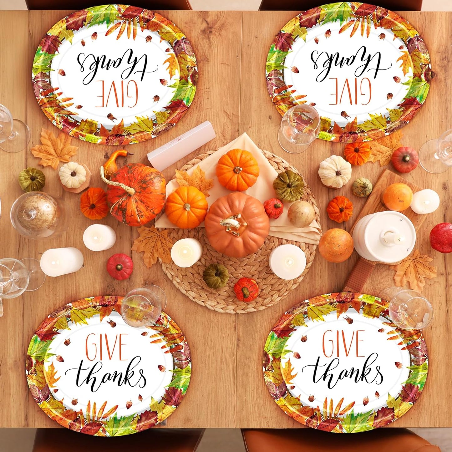 50 Pcs Thanksgiving Plates, 12.2 × 10.2 Inches Oval Thanksgiving Paper Plates, Maple Designs Disposable Fall Dinnerware, Heavy Duty Autumn Platters for Harvest Party Supplies Decorations