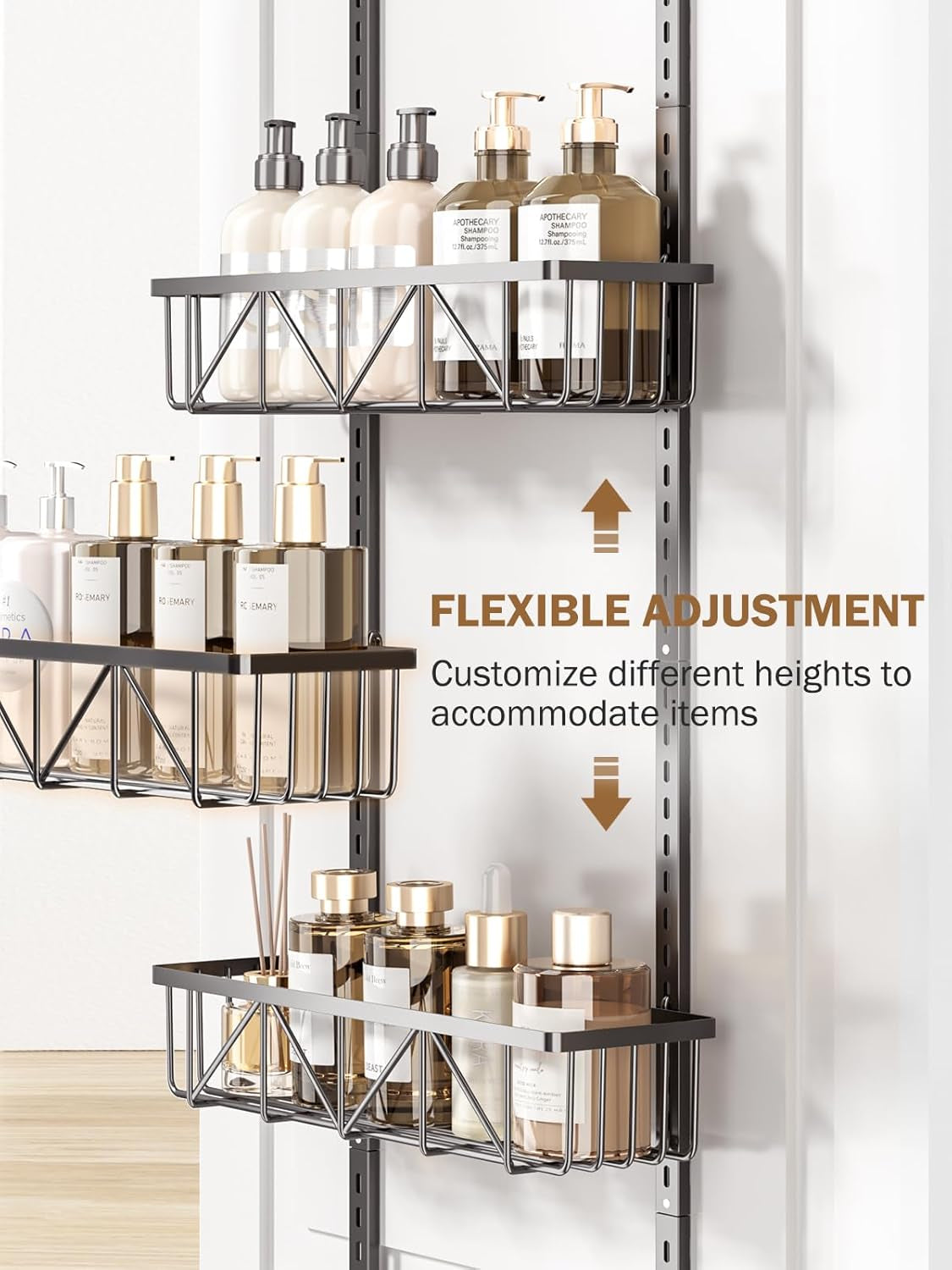 Adjustable over the Door Pantry Organizer, 9-Tier Metal Pantry Organization and Storage for Kitchen, Hanging Spice Rack Seasoning Shelves, Cabinet Door Organizer for Easy Install, 16" Black