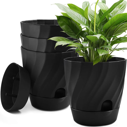 Plant Pots with Drainage, Self Watering Pots for Indoor Plants, Home Decor Flower Planters, 4 Pack 6 Inch Plastic Planters Succulent Pots, Black