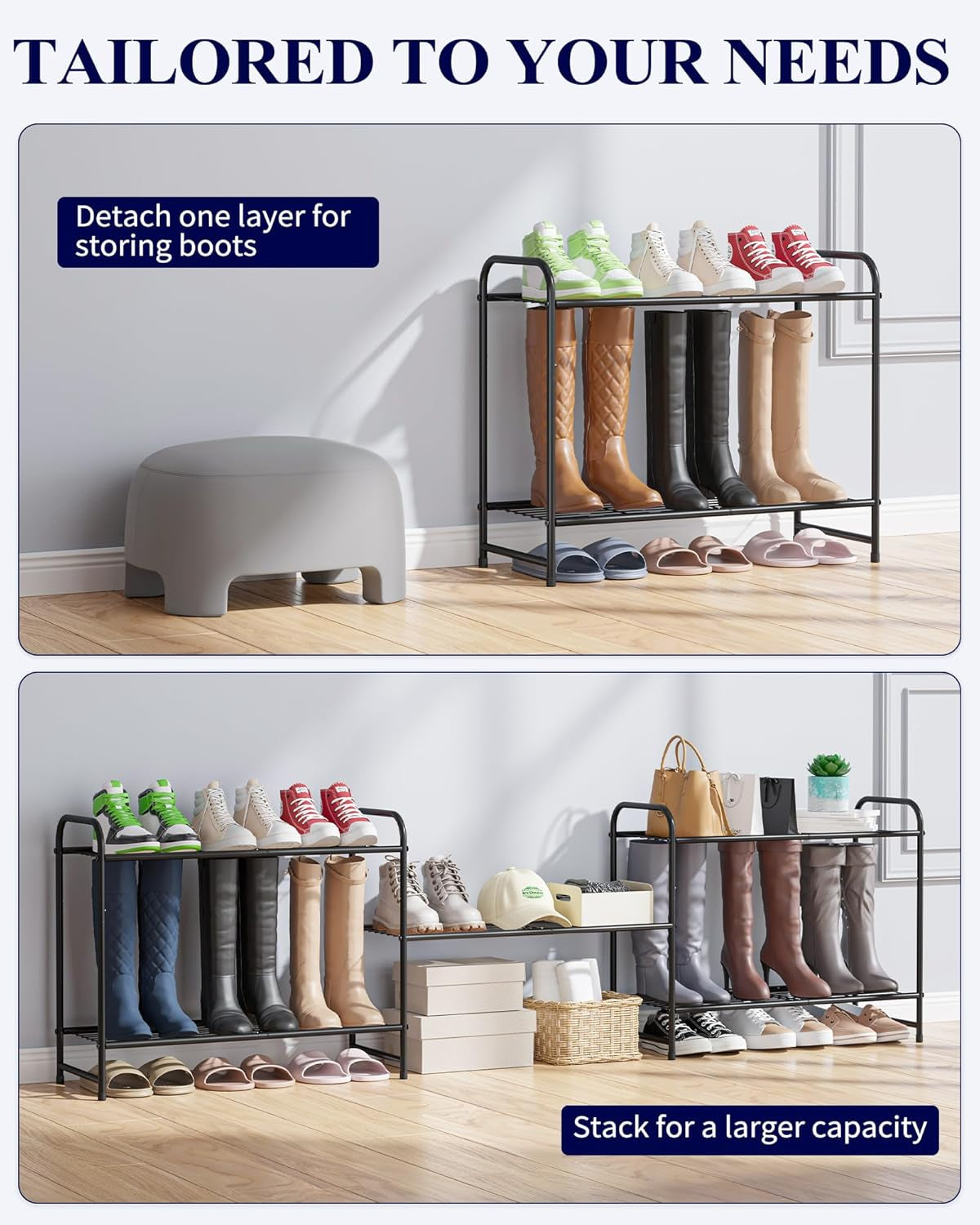 Shoe Rack - Stainless Steel Shoe Organizer, Sturdy Shoe Rack for Closet and Front Door Entrance, Free Standing Shoe Shelf, Closet Organizers and Storage, 25.6" Wide - 3 Tier, Black