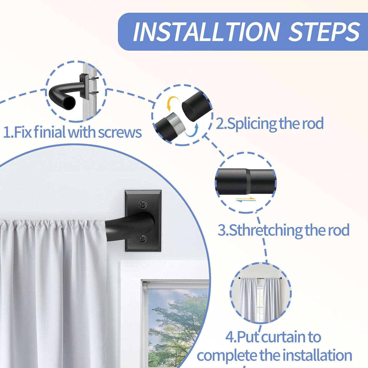 Blackout Curtain Rod for Windows 28 to 48 Inches, Wrap around Heavy Duty Rod for Darkening, Modern Decorative Curtain Treatment, Matte Black