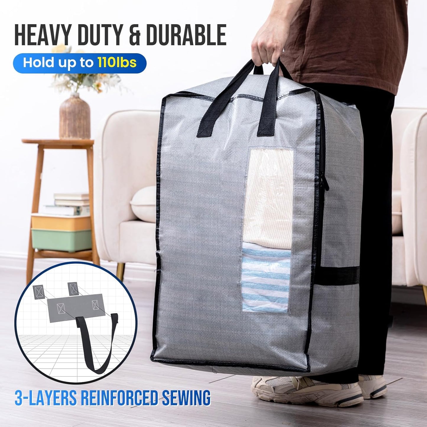 2 Pack Gray Moving Bags W/Adjustable Backpack Straps, Moving Supplies, Moving Boxes Alternative, Heavy Duty Storage Totes for College Packing, Camping Backpack for Travel, Dorm, Laundry