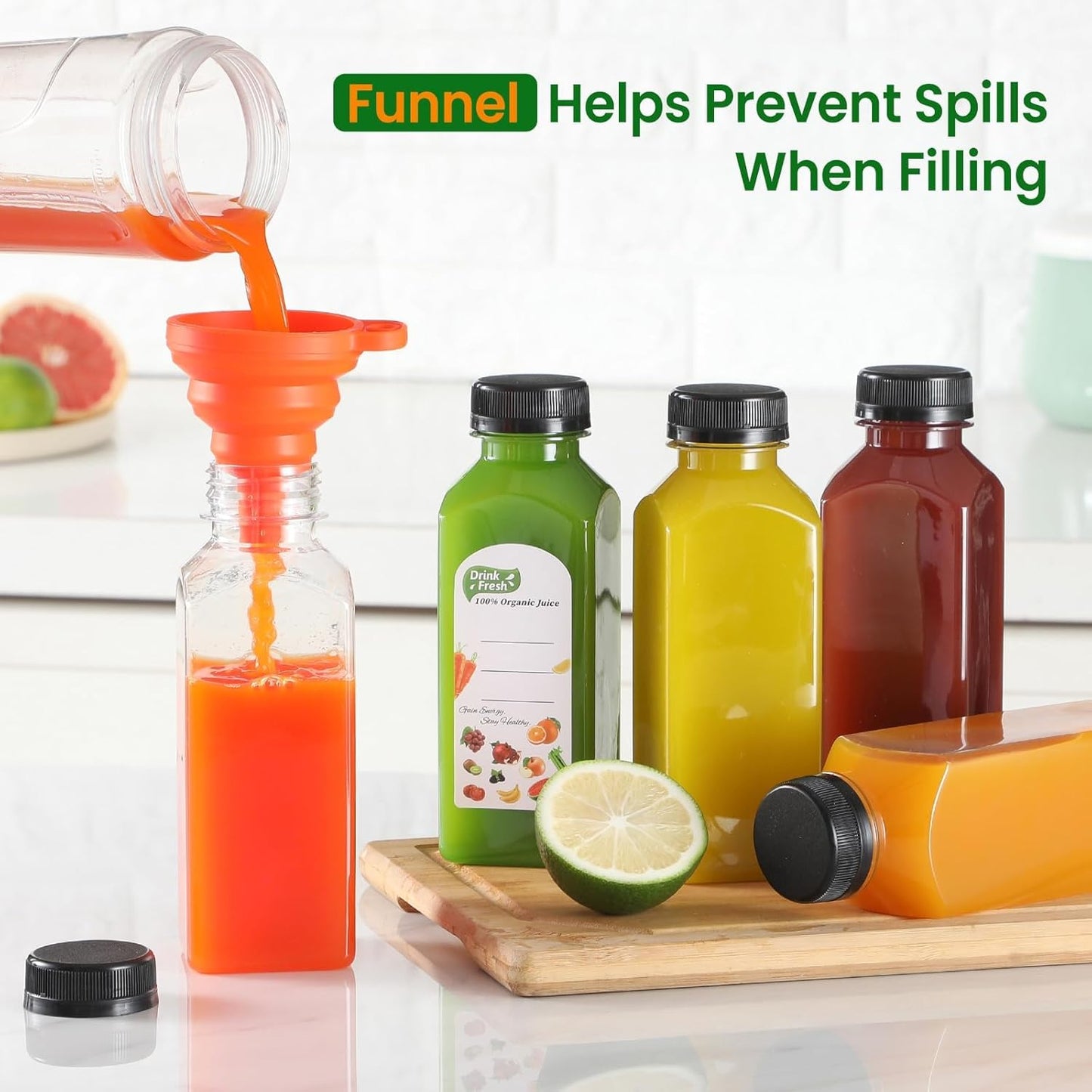 12 Pack, 12 OZ Reusable Plastic Juice Bottles with Caps, plus 12 Labels & 2 Silicone Funnels - Clear Juicing Bottles for Juice, Smoothies, Ginger, Tea, Coffee - Food Grade & Leakproof Travel Bottles