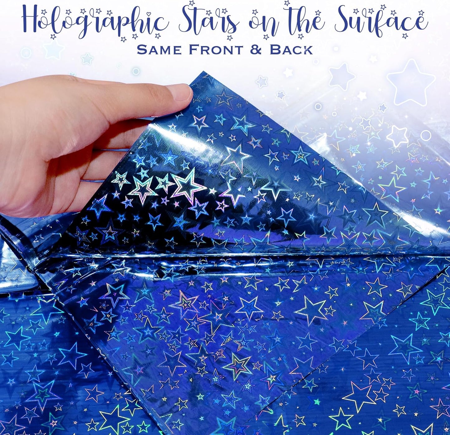 Set of 2 Royal Blue Holographic Laser Tablecloths with Sparkling Star Design, 54 x 72 Disposable Shiny Table Covers for Birthday Parties, Weddings, Anniversaries, and Bachelorette Celebrations