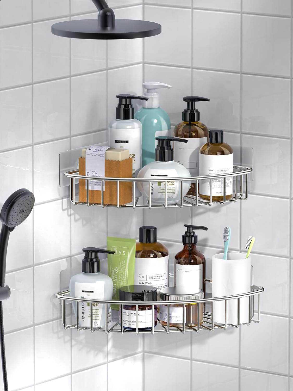 2-Pack Corner Shower Caddy, SUS304 Stainless Steel, Wall Mounted Bathroom Shelf with Adhesive, Storage Organizer for Toilet, Dorm and Kitchen (Silver)