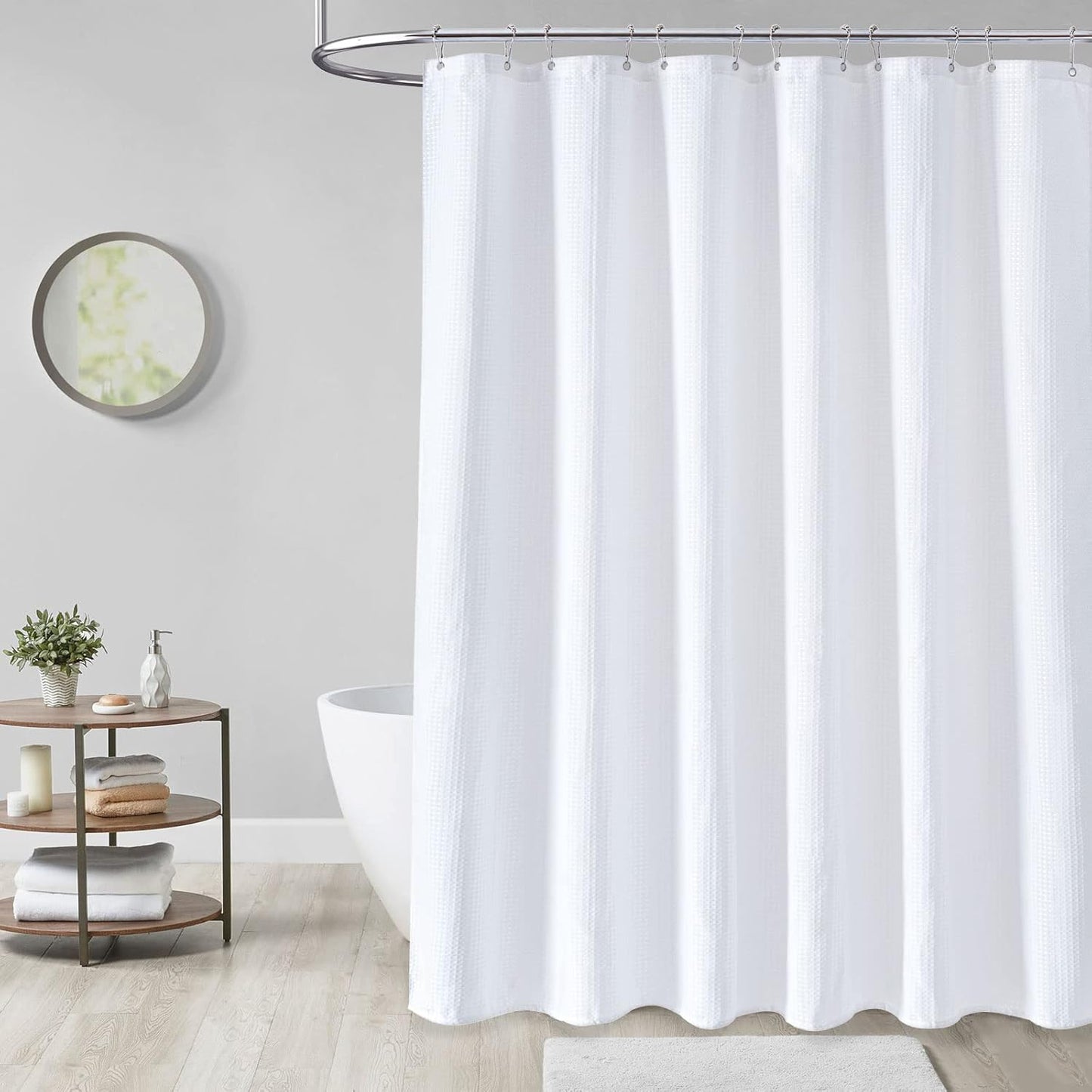 White Fabric Shower Curtain, Waffle Weave Heavy Duty Hotel Luxury Cloth Shower Curtains for Bathroom, 72 Inch 256GSM Weighted Bath Curtain Set with 12 Plastic Hooks,72X72