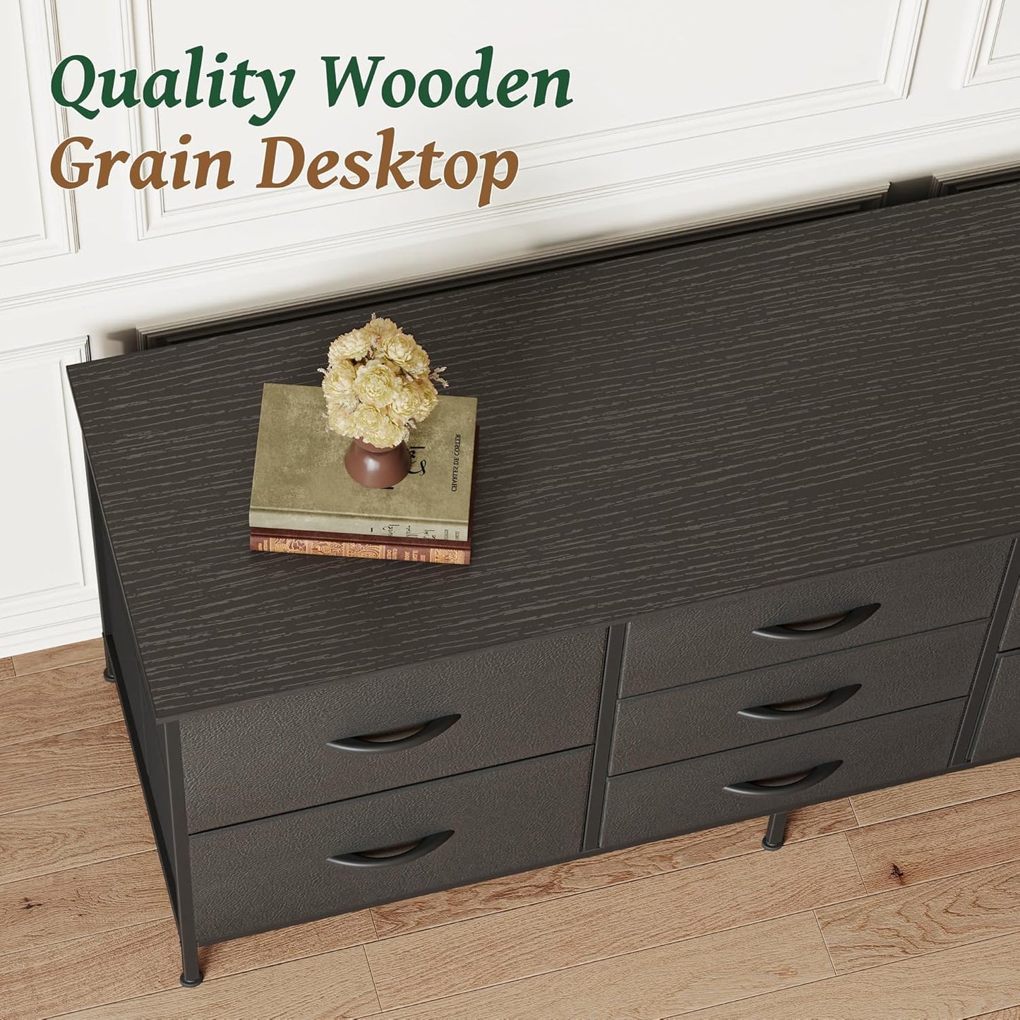 Bedroom Dresser and TV Stand Combo, 55-Inch Unit for 43-60 Inch TVs, Long Fabric Storage Solution with 7 Drawers, Black