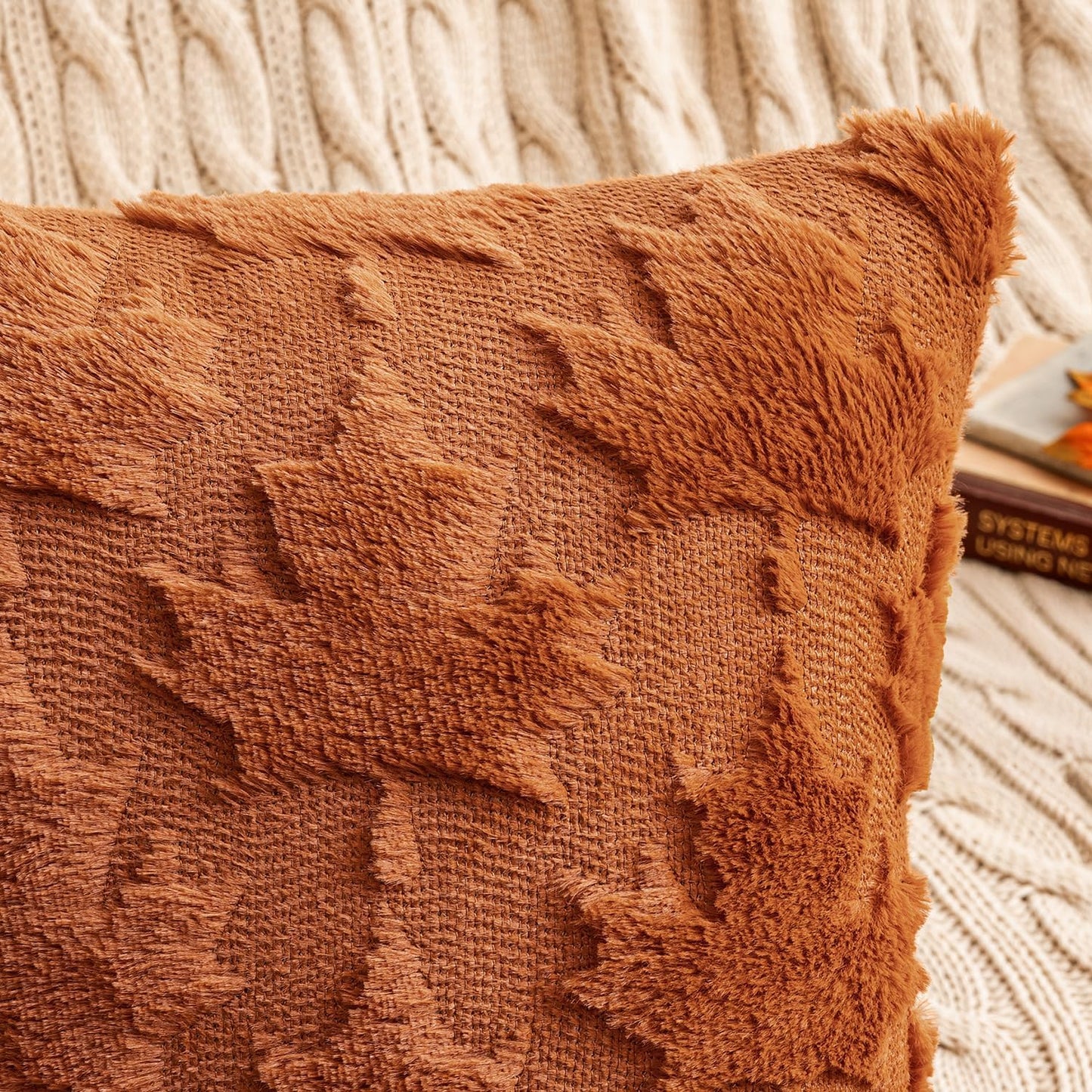 Fall Autumn Throw Pillow Covers 18X18 Rust Set of 2 Thanksgiving Decorative Solid Maple Leaf Pattern Accent Pillow Covers Soft Plush Faux Wool for Home Decor Holiday Outdoor Porch Bedroom