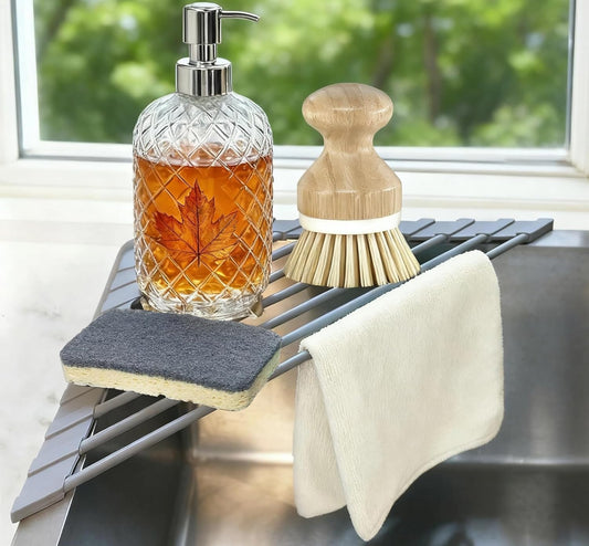Corner Sink Caddy Kitchen Sink Organizer, Silicone Wrapped Triangle Roll up Dish Drying Rack over Sink Drainer Mat, Anti-Slip Sponge Holder Corner Shelf for RV Kitchen Sink Accessories Counter Storage