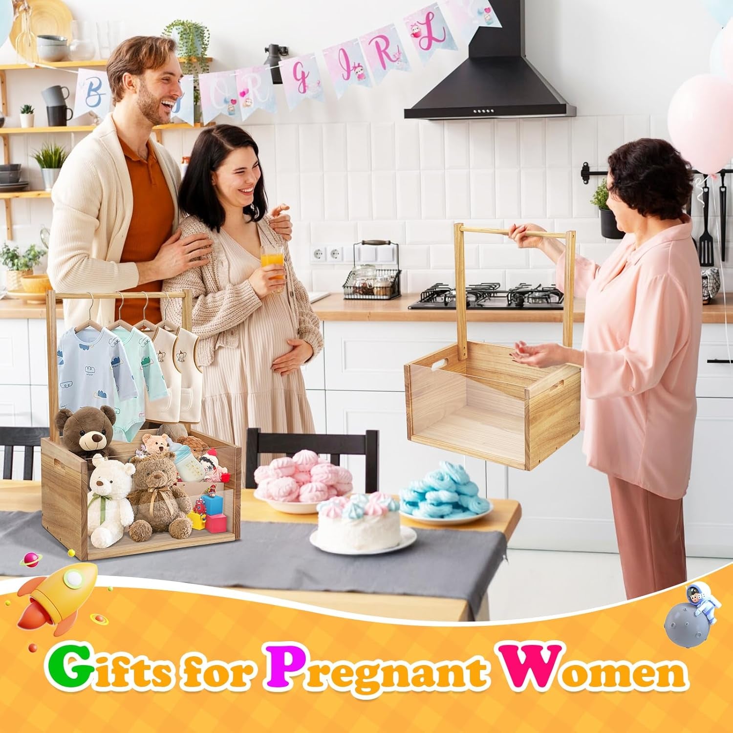 Elegant Wooden Baby Shower Crate with Handle - Ideal Gift Basket for Baby Clothes and Thoughtful Pregnancy Gifts for New Parents