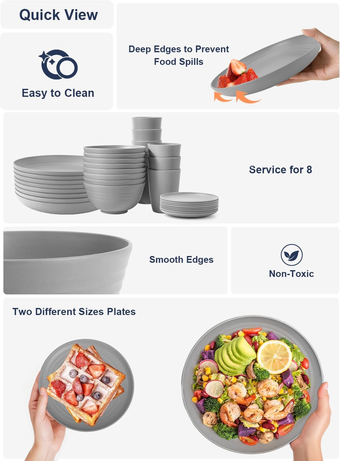 32-Piece Wheat Straw Dinnerware Set for 8 - Unbreakable Grey Plates, Bowls, and Cups, Microwave and Dishwasher Safe, Ideal for Outdoor Camping