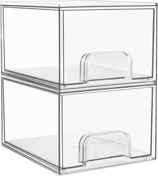 2 Pack Small Clear Stackable Storage Drawers,Acrylic Bathroom Makeup Organizer,Plastic Storage Bins for Vanity, Undersink, Kitchen Cabinets, Pantry, Home Organization
