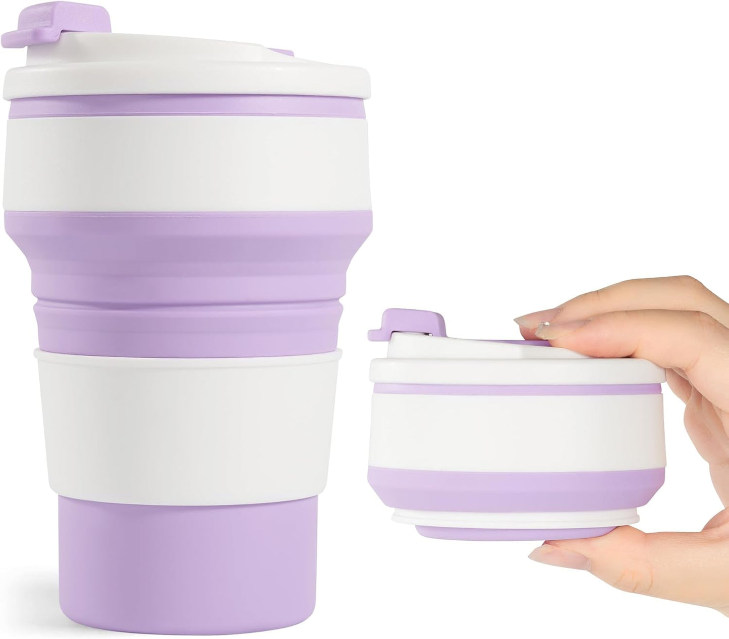 2Pcs Collapsible Cup for Traveling, Collapsible Silicone Travel Cup for Hot and 2 Drinks, Leak Proof Silicone Folding Travel Coffee Mug for Camping & Hiking, BPA Free 12Oz Purple&Pink