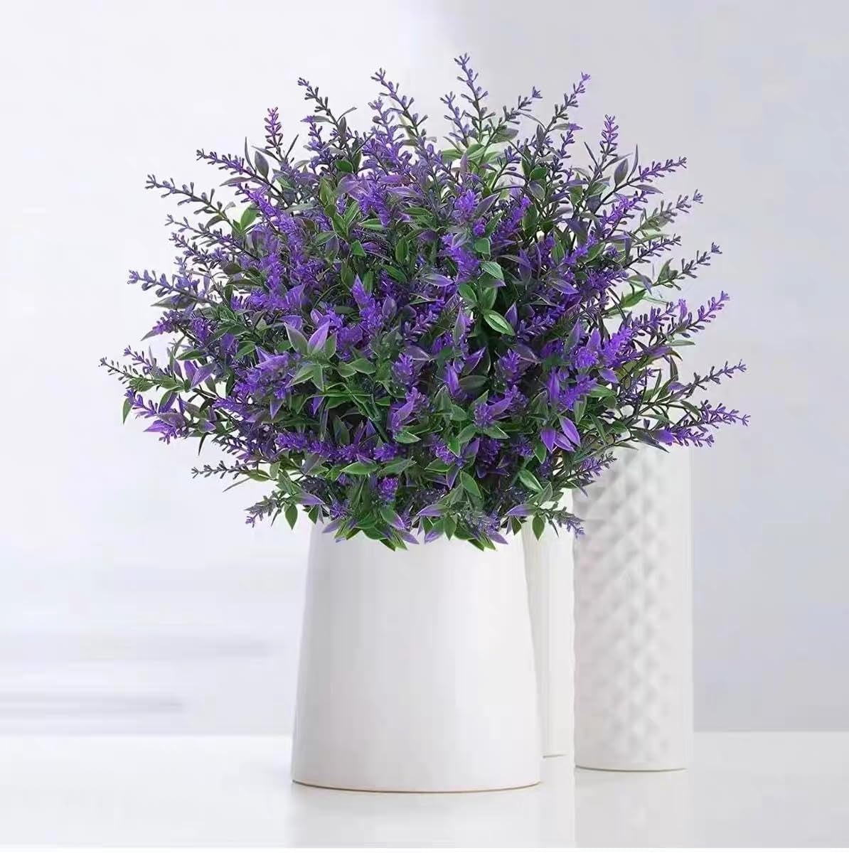 Artificial Plants Outdoor Flowers Spring Decoration, 10 Bundles Fake Plastic Greenery UV Resistant Realistic Faux Lavender Look Real for Home Porch Planter Window Patio (Purple)