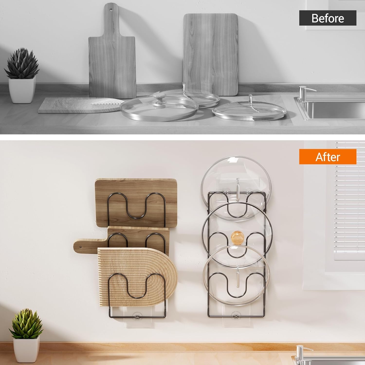 2 Pack Pot Lid Organizer Rack for Cabinet Door/Wall, 6-Tier Pot Lid Holders inside Cabinet Door, No Drilling Adhesive Wall/Door Mounted Rustproof Pots and Pans Lid Organizers for Kitchen Storage Black