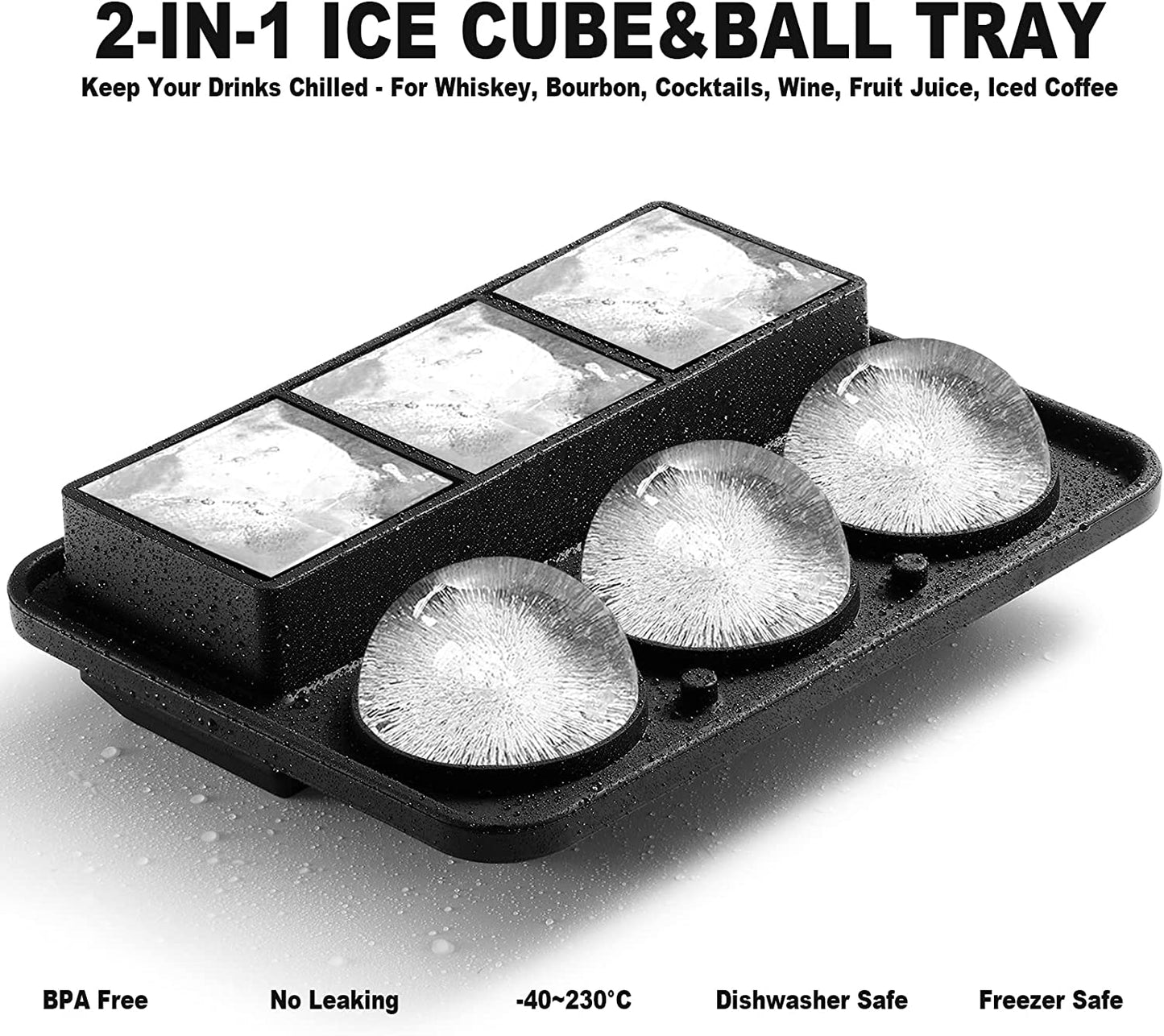Ice Cube Molds Tray, Large Silicone Whiskey Ice Mold,2-In-1 round Sphere Ice Ball Maker & Square Ice Trays for Cocktails, Bourbon, Whiskey Gifts for Men from Daughter Wife Son Kids… Black