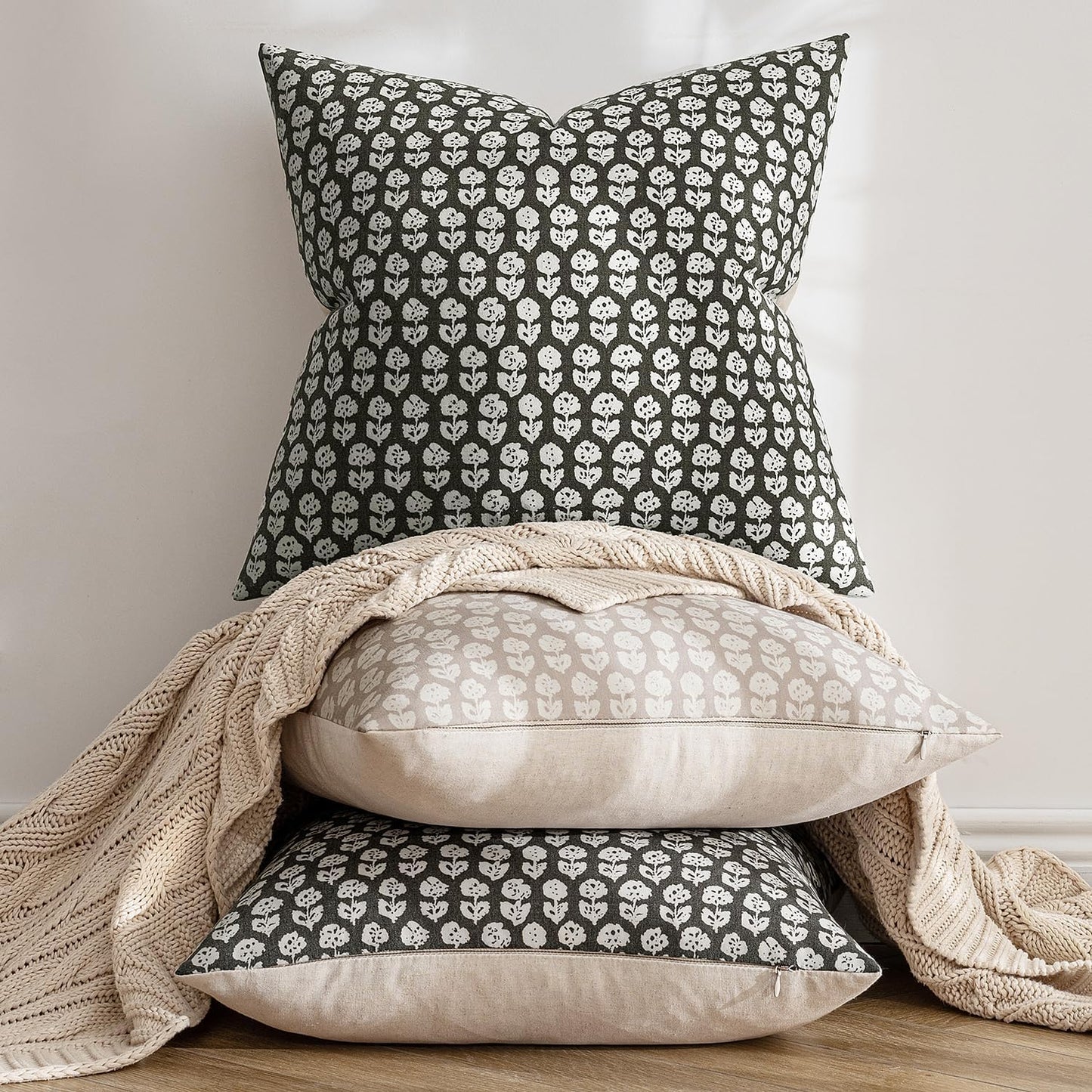 Set of 2 Vintage Floral Block Print Pillow Covers, 18x18 Inch Neutral Linen Farmhouse Cushion Cases for Couch, Sofa, Bed, and Chair in Black