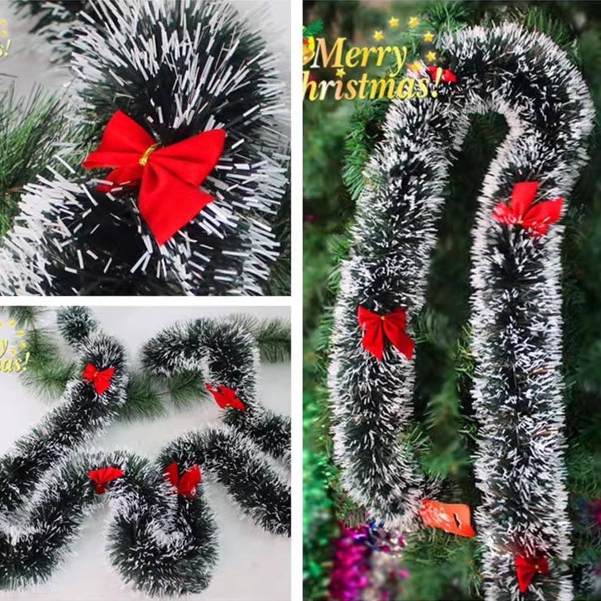 5M Christmas Tinsel Garland Christmas Tree Decorations Silver Foil Tinsel Garland Metallic Hanging Garland for New Year Party Holiday (Green W/Red Bow-16Ft (No Lights))