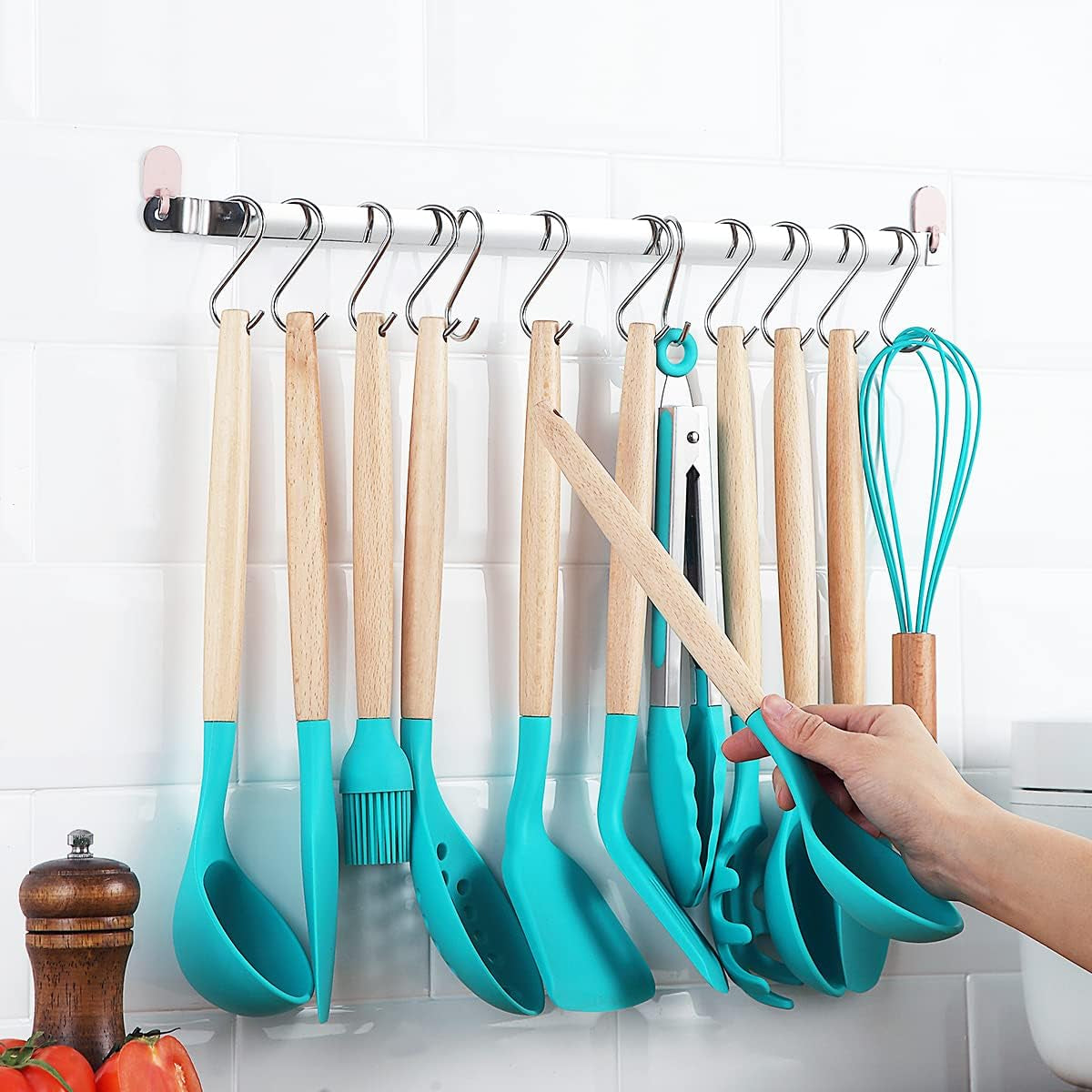 38-Piece Silicone Kitchen Utensils Set with Non-Stick Cookware, Wooden Handles, Multi-Use Hooks, and Utensil Racks (Blue)