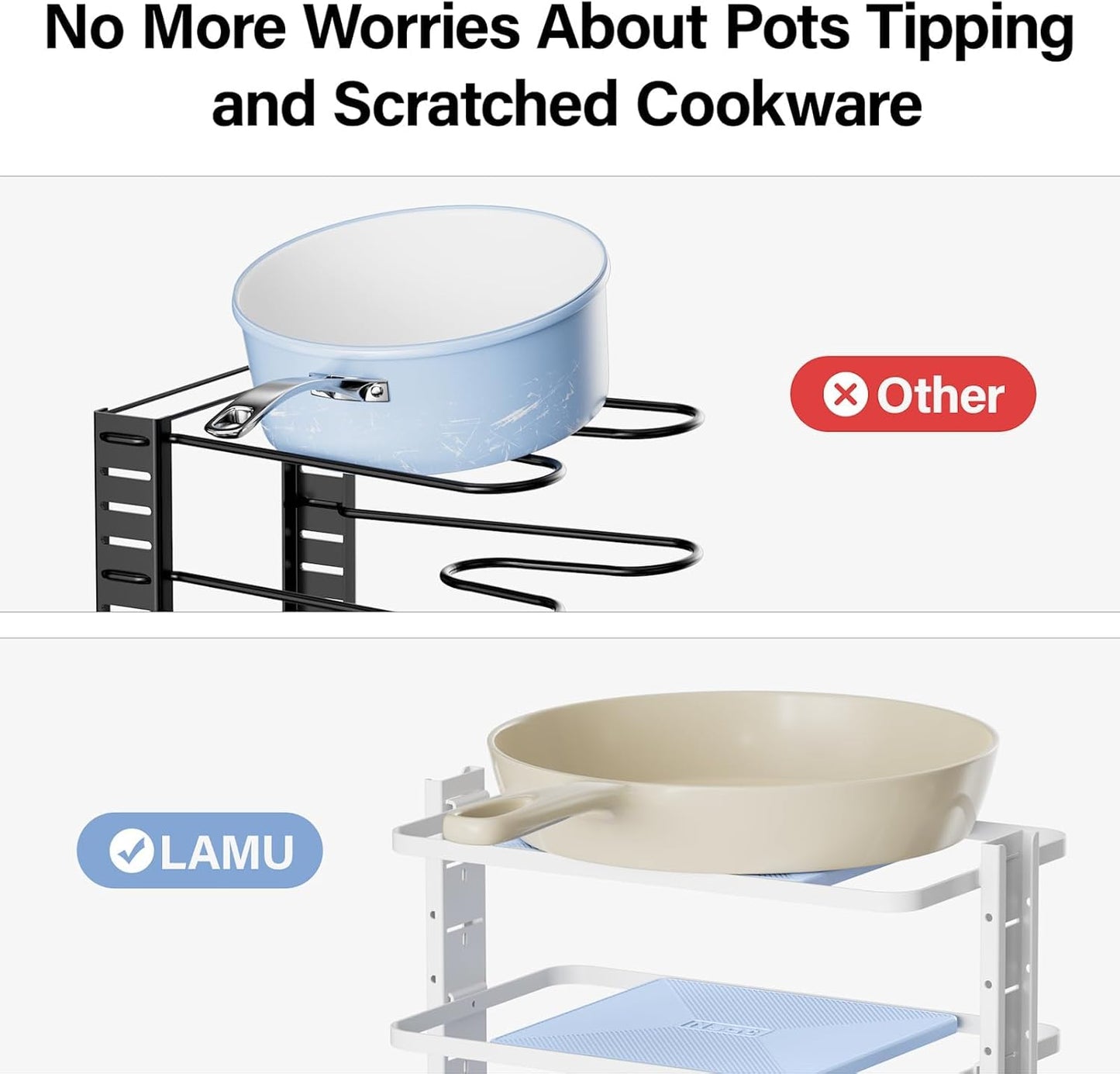 Pots and Pans Organizer for under Cabinet,6-Tier Heavy Duty Adjustable Pan Pot Organizers inside Cabinet, Pot Rack for Kitchen Cabinet Organization and Storage White