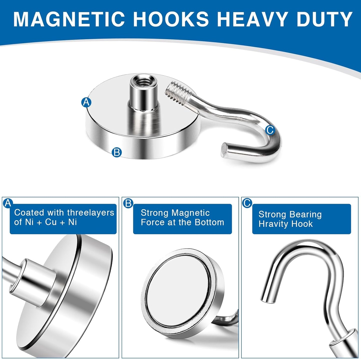 Strong Magnetic Hooks, 100LBS Magnet Hooks for Cruise Cabin, Super Powerful Neodymium Magents for Cruise Essentials Must Haves, Heavy Duty Magnets for Metal Door, Refrigerator,Ceiling - 6 Pcs
