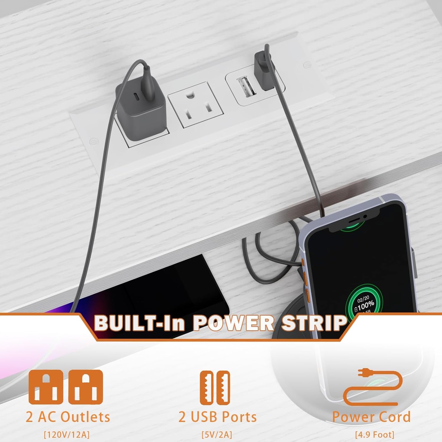 47'' White Computer Desk with 3 Drawers Hutch, LED Lights, Home Office Desks, Gaming Table with Monitor Stand, 2AC Power Outlets and 2 USB Ports, Modern Work Study Table for Bedroom