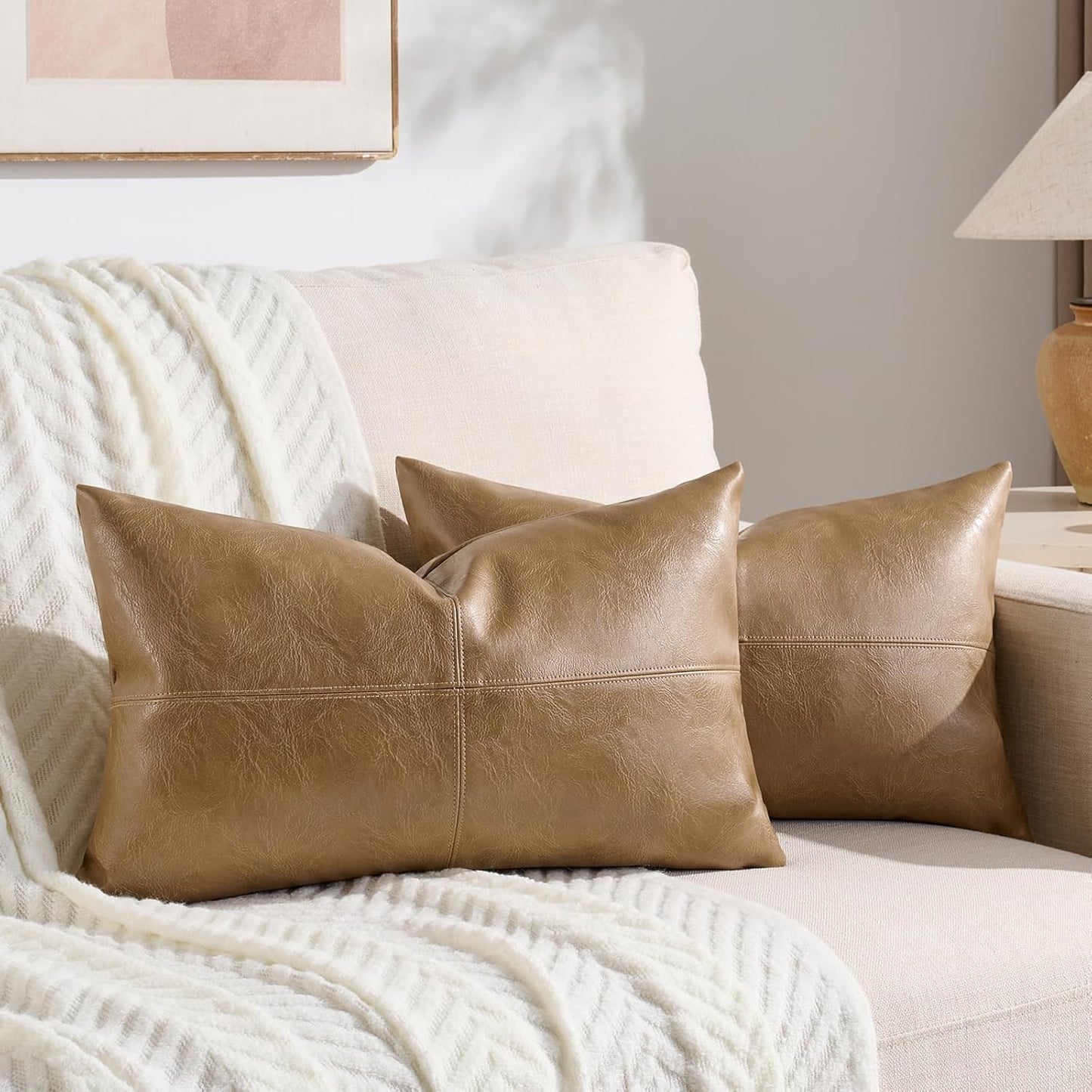 2 Packs Tan Boho Lumbar Faux Leather Decorative Throw Pillow Covers 12X20 Inch for Couch Bed Sofa, Cross Patchwork Textured Rectangle Beige Cushion Case, Western Modern Farmhouse Home Decor